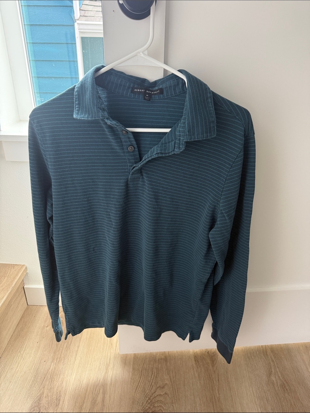 Robert Barakett Men’s Long-Sleeve Polo Shirt - Teal Stripe